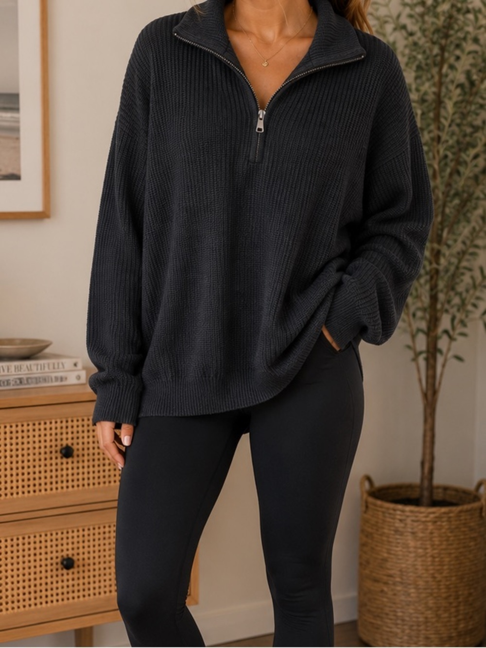 Aerie Offline Cozy Ribbed Textured Oversized Black Popover Sweatshirt Size Large